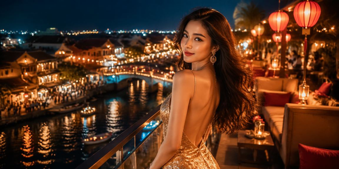 Quang cảnh khu vui chơi giải trí và chợ đêm tại Hội An với ánh đèn lung linh về đêm