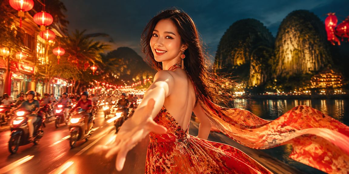 Quang cảnh Ninh Bình về đêm với ánh đèn neon rực rỡ bên cạnh trò chơi casino trực tuyến trên điện thoại