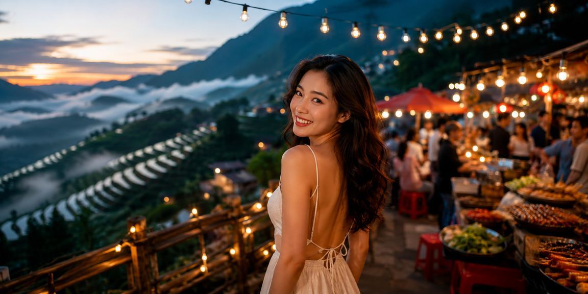 Chợ đêm Sa Pa với ánh đèn rực rỡ, người dùng kiểm tra thông tin thể thao trên di động